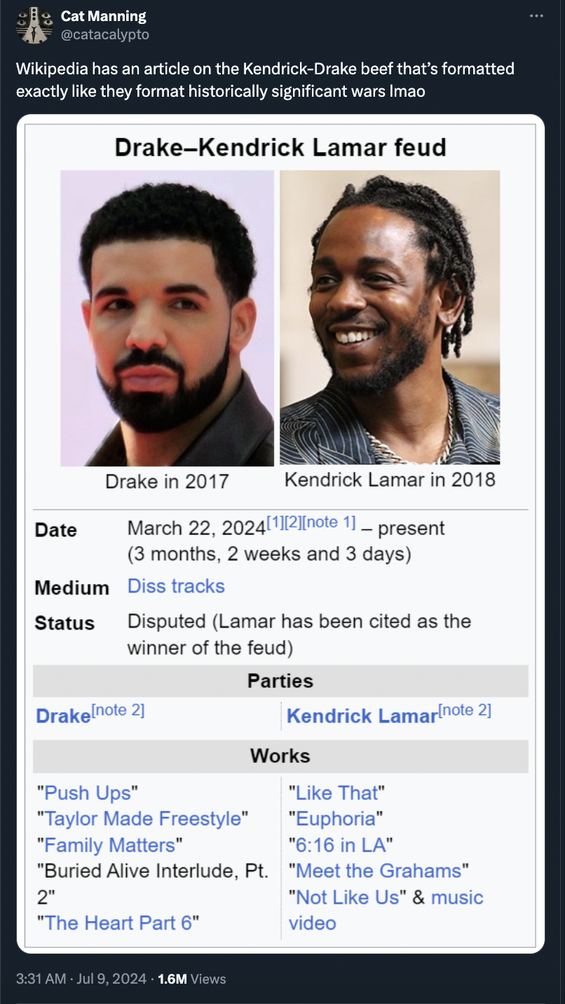 screenshot - Cat Manning Wikipedia has an article on the KendrickDrake beef that's formatted exactly they format historically significant wars Imao DrakeKendrick Lamar feud Drake in 2017 Date Kendrick Lamar in 12 note 11present 3 months, 2 weeks and 3 day